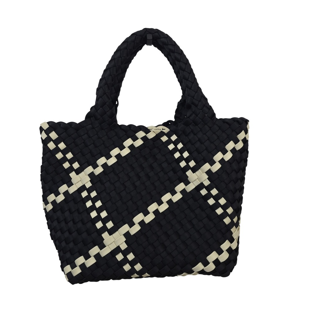 BCBGMAXAZRIA Black Cream Woven Lattice Tote Bag Crossbody Braided Handle